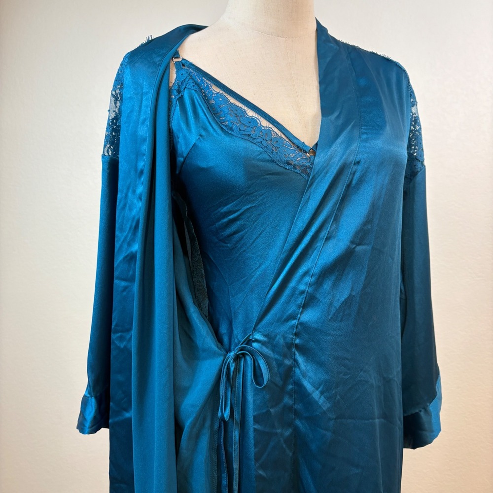 Victoria's Secret Slip Robe Set S Teal Blue Satin Lace Trim Romanitc Nightie - Picture 4 of 14